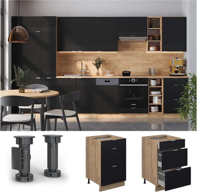 Vicco Schubladenunterschrank Fame-Line in Eiche und Schwarz gestreift mit Arbeitsplatte Eiche, Breite: 50 cm - Bild 1