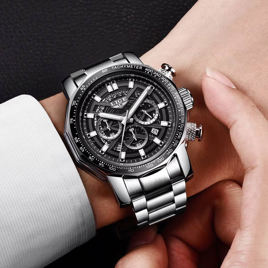 LIGE Armbanduhr Quarz, Edelstahl, Schwarz, Silber, Herren - Bild 6