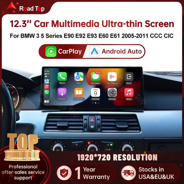 RoadTop DE 12,3 Zoll Linux Ultra-dünner Bildschirm für BMW Serie 3 5 E60 E61 E90 E91 E92 E93 CCC CIC Multimedia-Display Autoradio Touchscreen mit Wireless CarPlay und Android Auto in Schwarz - Bild 1