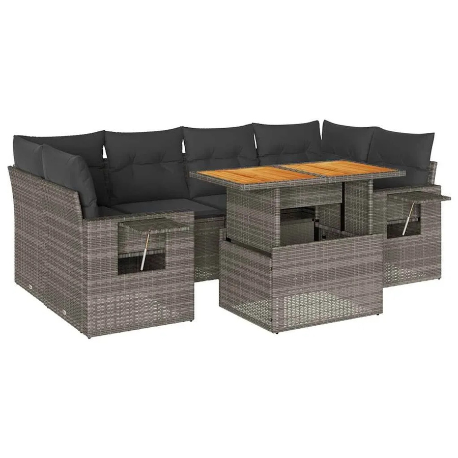 vidaXL 7-teilige Garten-Sofagarnitur aus Poly-Rattan und Akazienholz in Grau mit Kissen - Bild 2