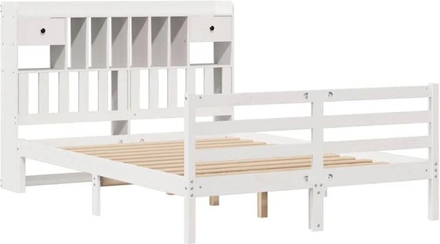 vidaXL Massivholzbett aus Kiefer mit Kopfteil und Regal in Weiß, B/T/H: 140 x 190 cm - Bild 1