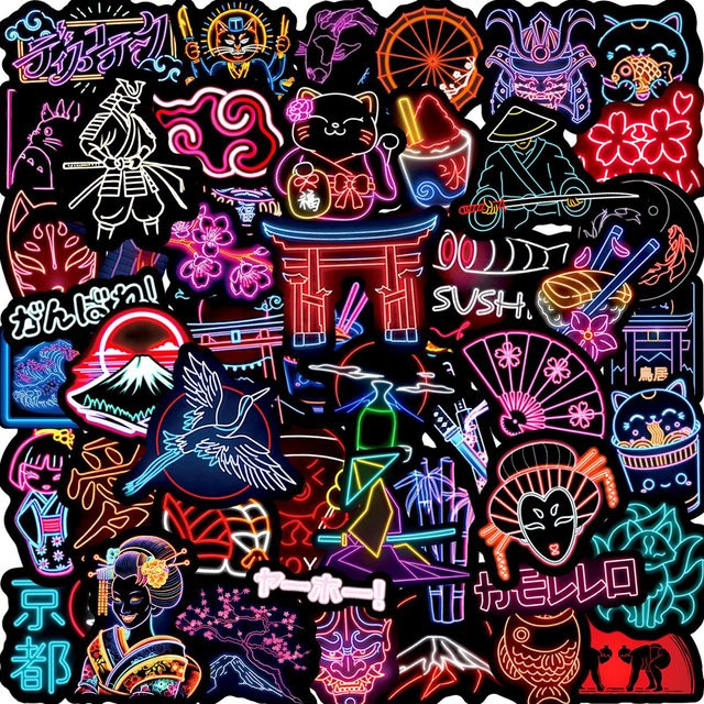50 Stück Japanische Kyoto Neon-Stil Aufkleber in Multicolour für DIY-Projekte wie Notizbücher, Koffer und Gitarren - Bild 1
