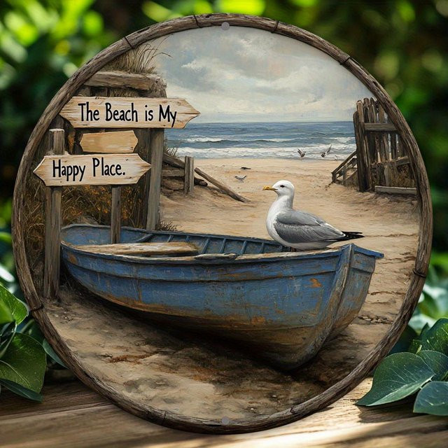 Potdemiel Rundes Aluminium-Wandschild Happy Place mit Strandmotiv, Möwen und Boot, Durchmesser: 20,3 cm, Mehrfarbig - Bild 1