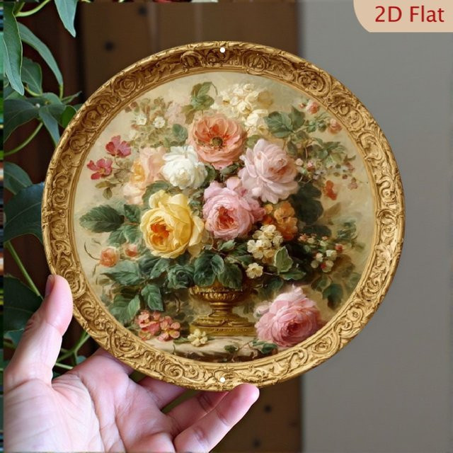 Rundes Metallschild mit Vintage-Pfingstrosen-Blumenmotiv als botanische Wanddekoration, Mehrfarbig, Durchmesser: 20,3 cm - Bild 1