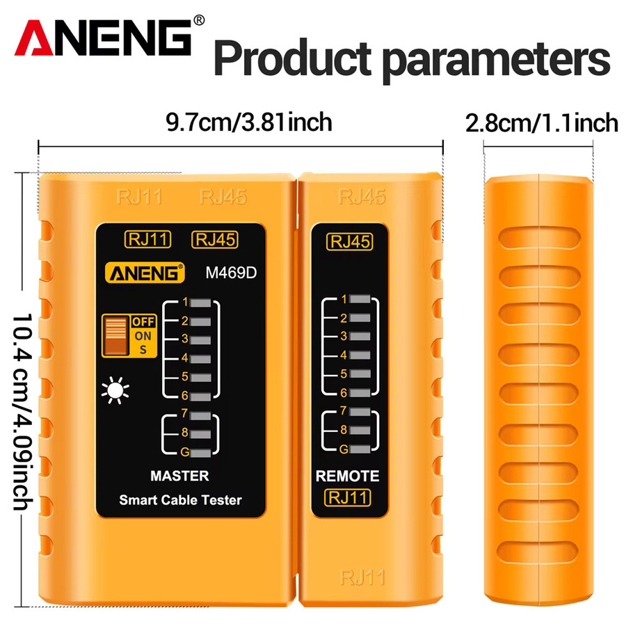 ANENG Netzwerkanalysator und Tester M469D für LAN RJ45 RJ11 RJ12 CAT5 UTP in Gelb und Orange - Bild 6
