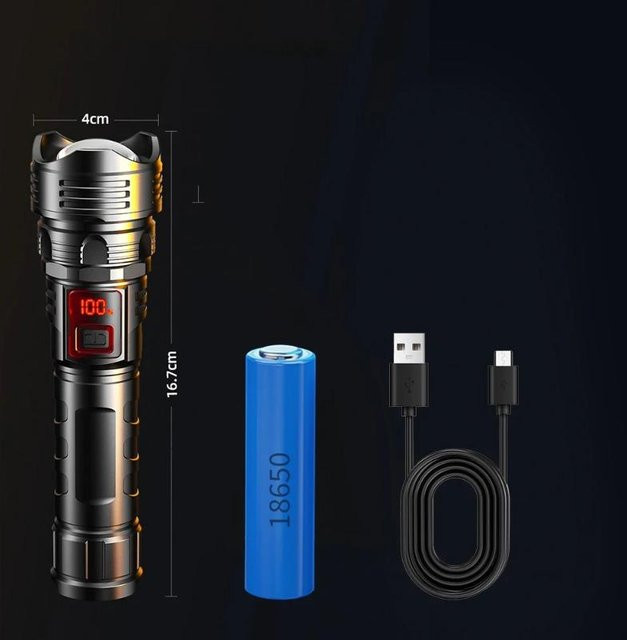 Superhelle LIUXING LED-Taschenlampe mit 3500 Lumen, wiederaufladbar und dimmbar, Schwarz - Bild 1