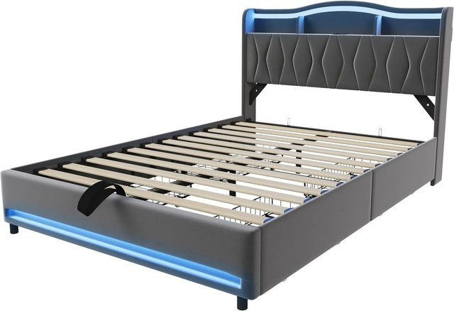 PXloue Polsterbett aus Samt mit LED-Beleuchtung und USB-Anschluss in Grau, B/T/H: 160 x 200 x 110,5 cm - Bild 1