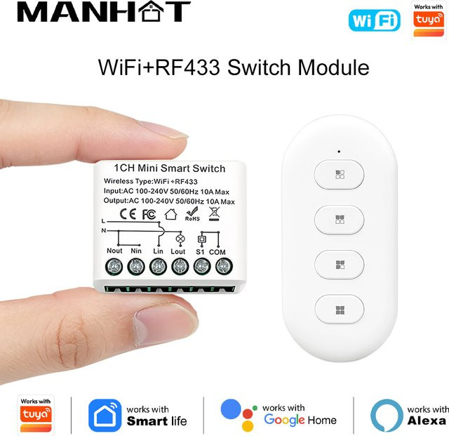 MANHOT Mini Smart DIY Schalter 2-Wege-Schaltmodul mit WiFi und RF433, weißes Smart Relais zur Automatisierung, kompatibel mit Tuya und Google Assistant - Bild 1