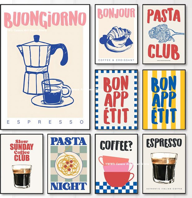 YWDECOR Bon Appetit Küchen Kunstposter als Leinwanddruck mit Moka Pot Espresso Motiv in Mehrfarbig - Bild 1