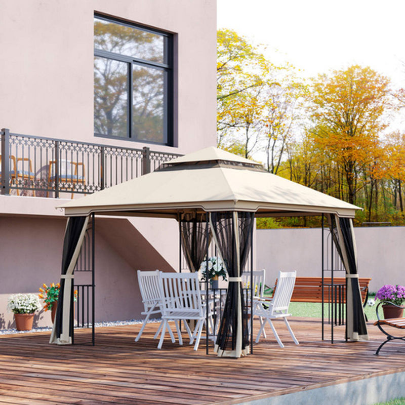 Outsunny Gartenpavillon mit Doppeldach aus Metall und Polyester in Beige, B/T/H: 299 x 299 x 274 cm - Bild 4