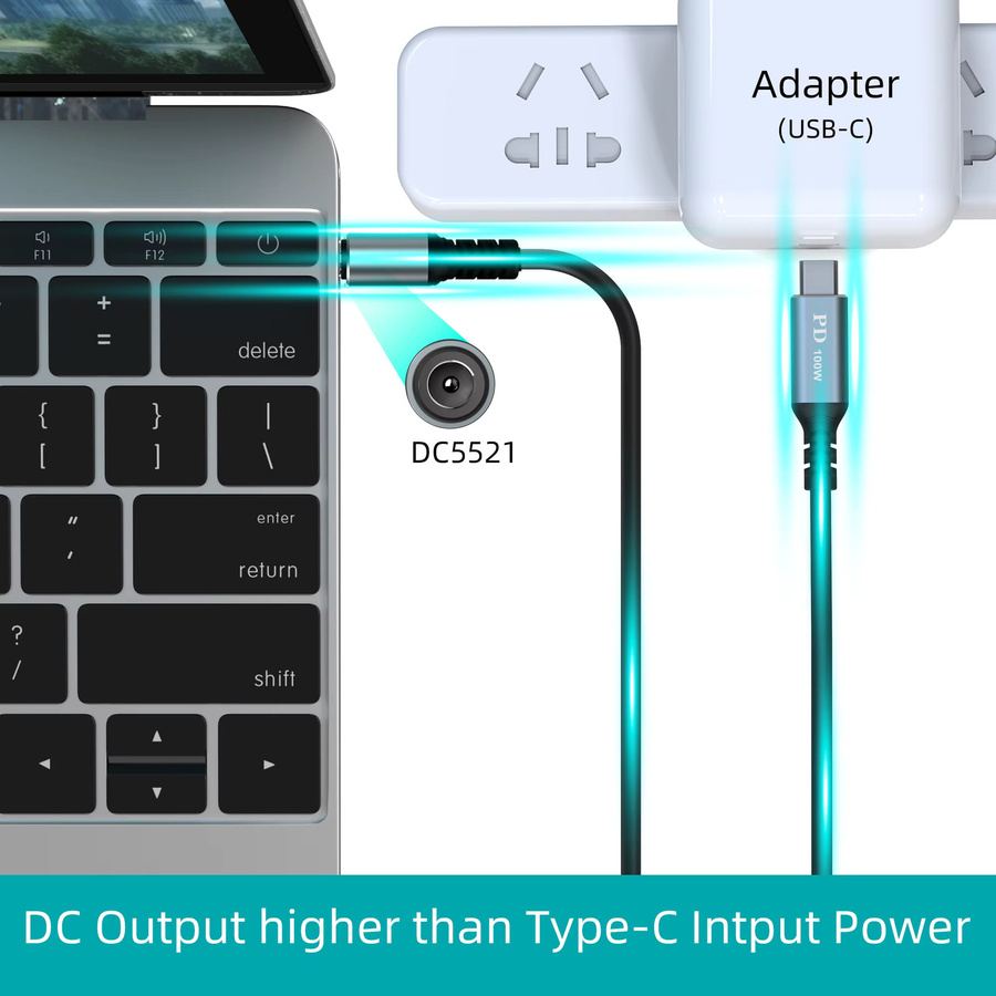 USB C auf DC 5,5 x 2,1 mm Netzladekabel für Laptop, 20 V, bis zu 100 W, Schwarz - Bild 3