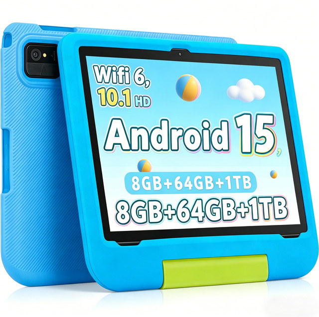 Paitanry Kinder-Tablet mit Android 15, 10,1 Zoll Display, 8GB RAM, 64GB Speicher, WiFi 6, Blau, inklusive stoßfester Hülle - Bild 1