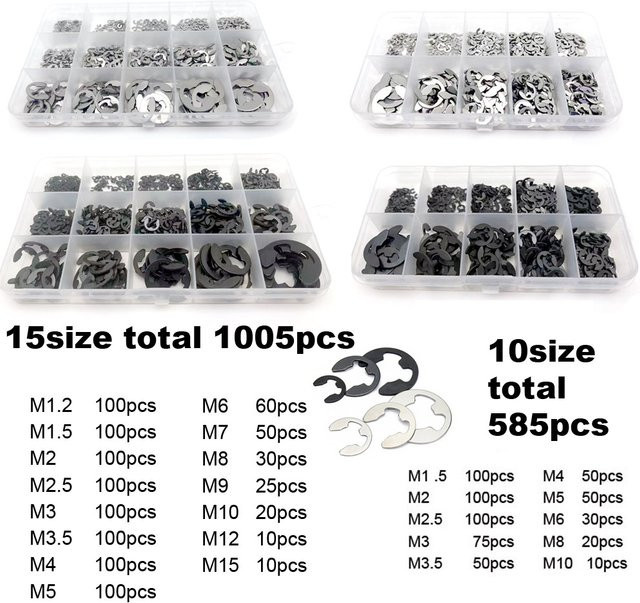 TINGGOO Circlip und Sicherungsringe Sortiment aus Edelstahl in Schwarz, 585 bis 1005 Teile Set - Bild 1
