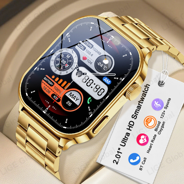 LIGE Smartwatch mit 2,01 Zoll HD-Bildschirm für Männer und Frauen mit Telefonfunktion für Android und iOS in Schwarz und Gold - Bild 1