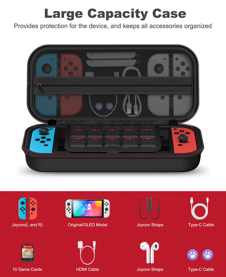 BEBOBCOOL Tragbare Hartschalen-Aufbewahrungstasche für Nintendo Switch OLED und Zubehör, Schwarz - Bild 2