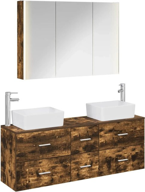 vidaXL Badezimmermöbel-Set 4-teilig in Geräucherte Eiche, modern mit Spiegelschrank, Wandschrank und Waschtischunterschrank, inklusive LED-Beleuchtung und Schubladen, Braun - Bild 1