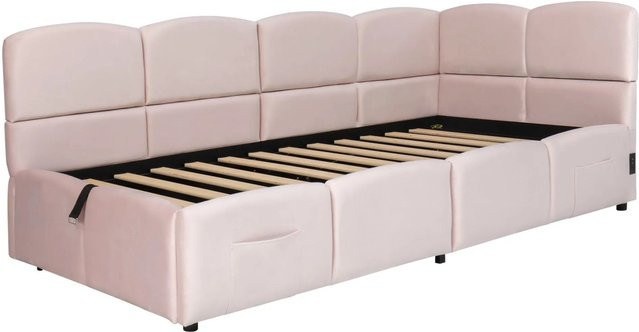 okwish Polsterbett aus Samt in Rosa mit Bettkasten, USB-Anschluss und Nachttischablage, B/T/H: 90 x 200 x 98 cm - Bild 1