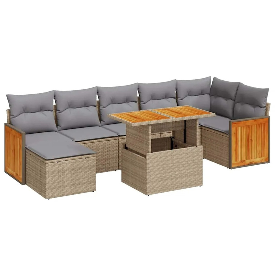 vidaXL 8-teilige Garten-Sofagarnitur in L-Form aus Polyrattan und Akazie mit Kissen in Beige-Grau - Bild 2