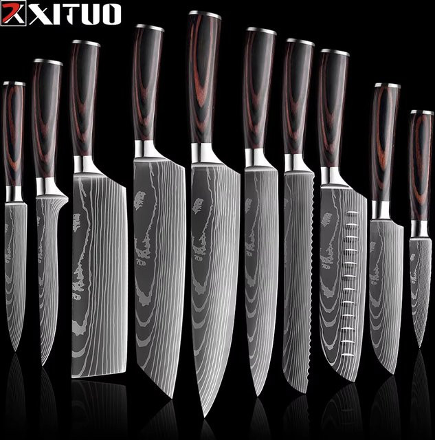 XITUO Kochmesser-Set mit Laser-Damaszener-Muster, Ultrascharfes Küchenmesser-Set bestehend aus Santoku-Messer, Hackmesser, Schneidemesser, Allzweckmesser und Obstmesser - Bild 1