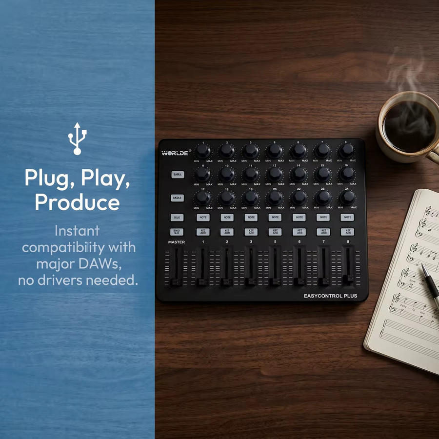 Worlde Easycontrol Plus MIDI-Controller in Schwarz mit 24 Drehreglern, 9 Fadern und 18 programmierbaren Tasten - Bild 4