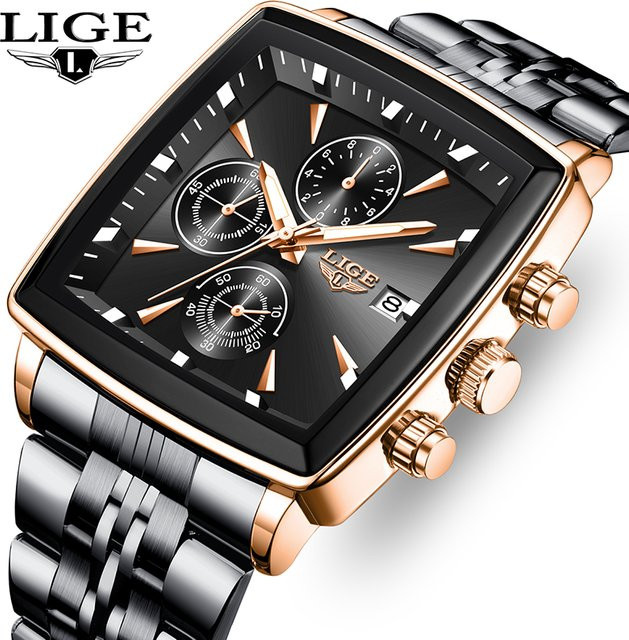 LIGE Armbanduhr, Quarz, Edelstahl, Eckig, Schwarz, Herren - Bild 1