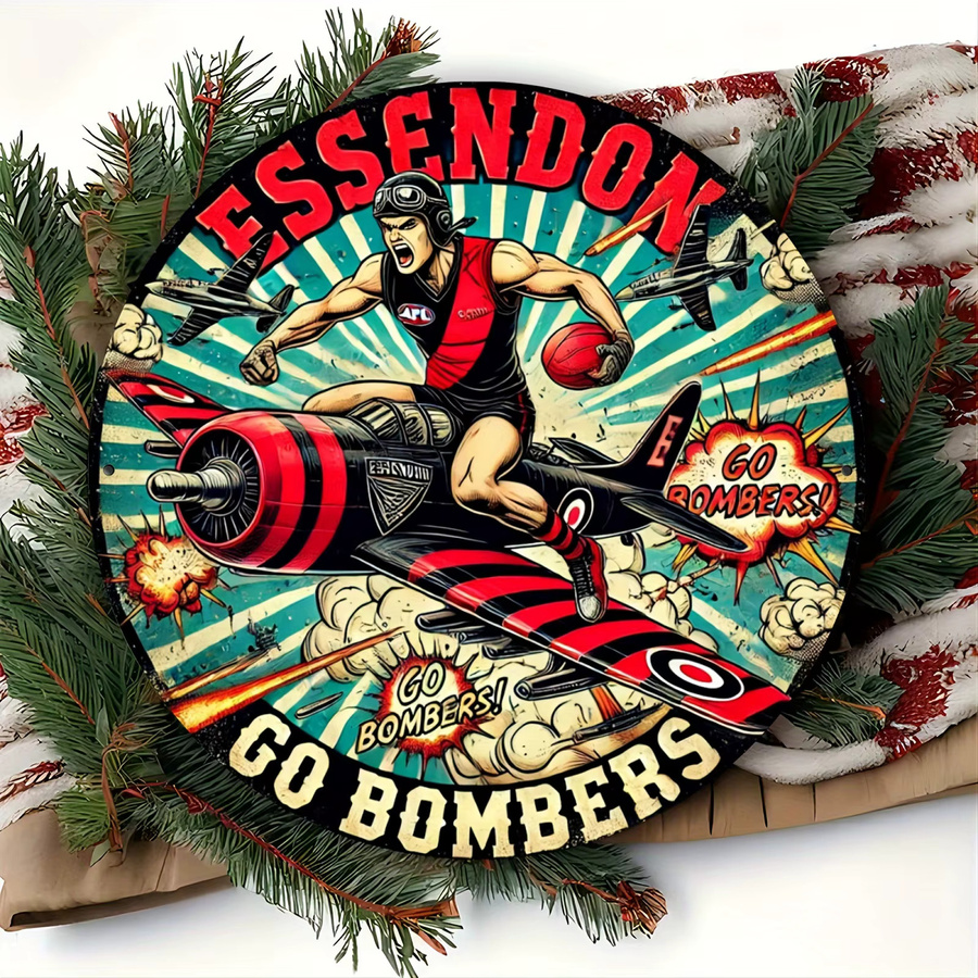 Essendon Bombers Rundes Aluminium-Wandschild im Vintage-Stil mit Fußballspieler und Flugzeug, Mehrfarbig - Bild 5