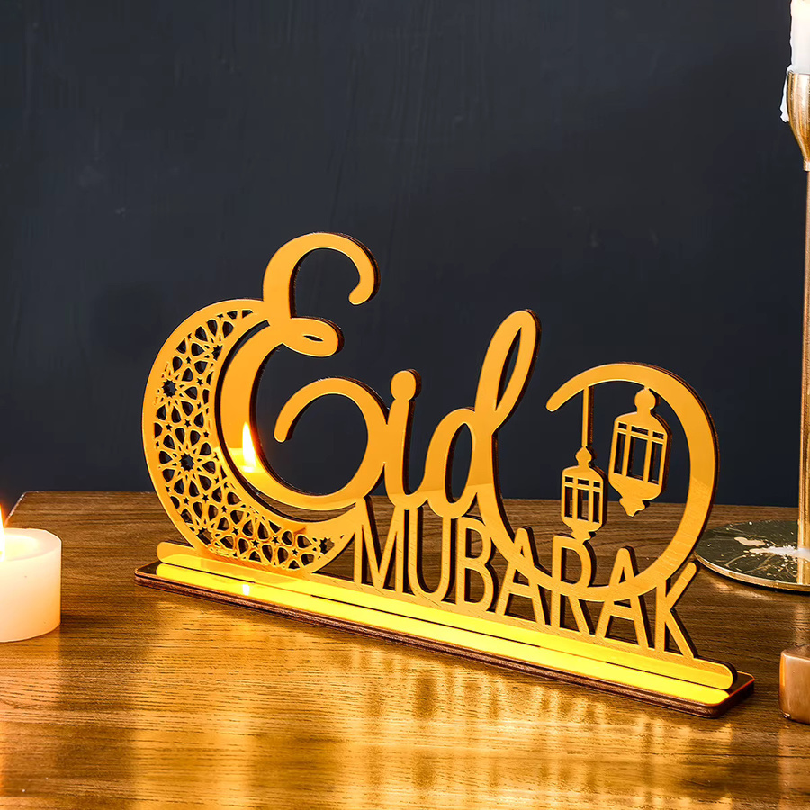 Kreatives Ramadan-Dekorationsornament Eid Mubarak aus Holz in Gold mit Mond-Motiv - Bild 2