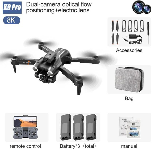 LYZRC K9Pro MINI RC-Drohne mit 8K Doppelkamera, WIFI FPV, Hindernisvermeidung und 3 Akkus in Schwarz - Bild 1