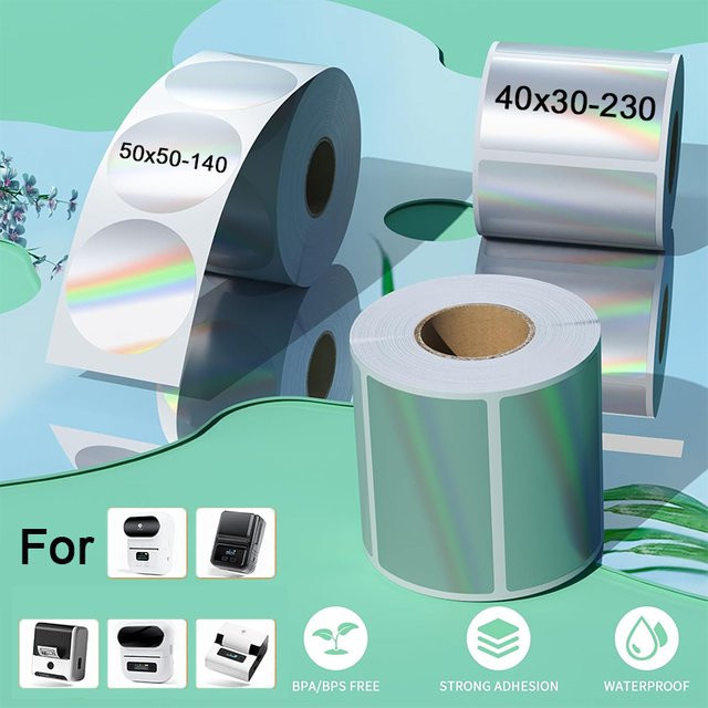 DETONG Selbstklebendes Thermopapier für Laser-Thermoetikettendrucker, Farbe: Weiß und Silber, kompatibel mit M110, M220, M200, E210, P50, DETONG P1 und WP9520, Breite: 40-50 mm - Bild 1