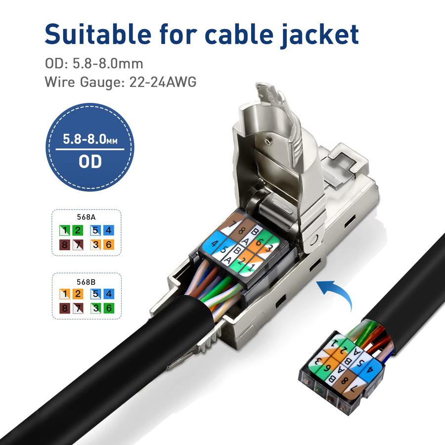 ZoeRax RJ45 Ethernet-Anschluss Cat8 CAT7 CAT6A, werkzeugloser vergoldeter Stecker, abgeschirmter LAN-Anschluss in Silber, kompatibel mit POE STP - Bild 3