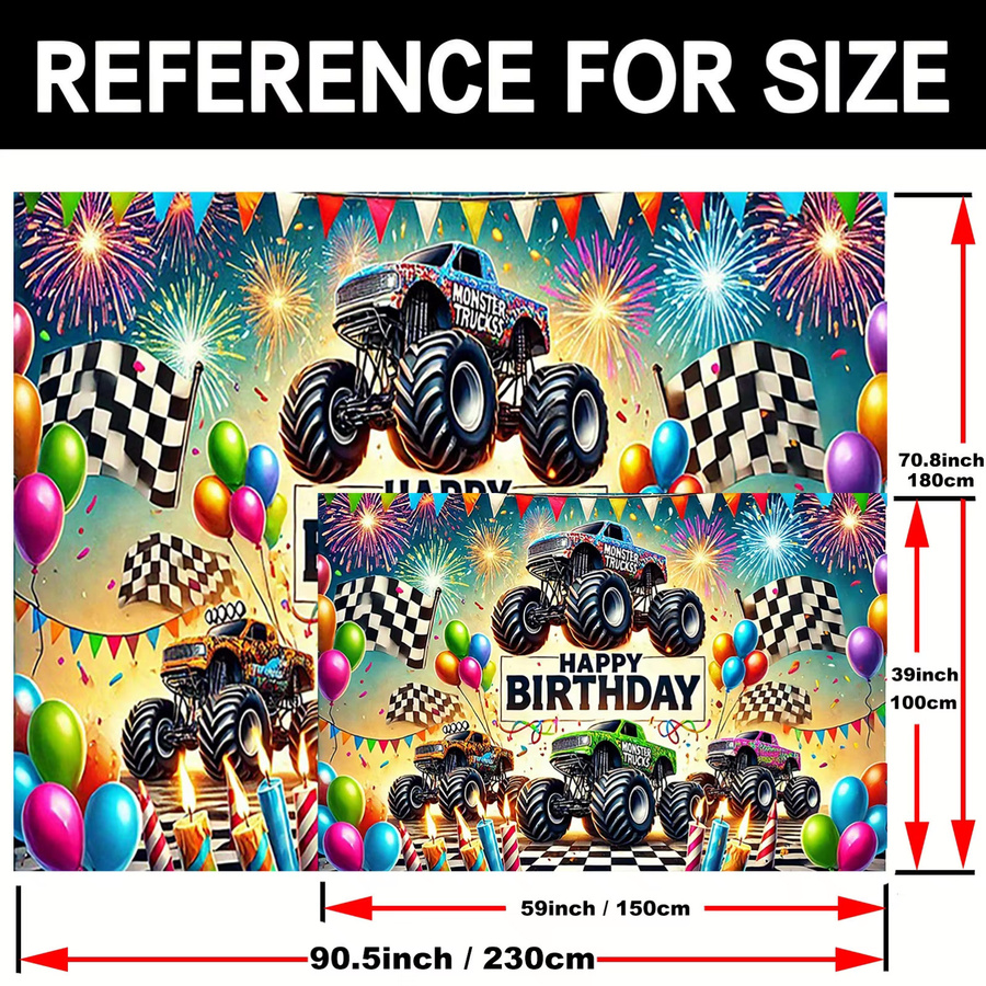 Monster Truck Party Banner aus Polyester in Mehrfarbig für Geburtstage und Festivals, Rechteckig, Breite: 150 cm, Höhe: 100 cm - Bild 2
