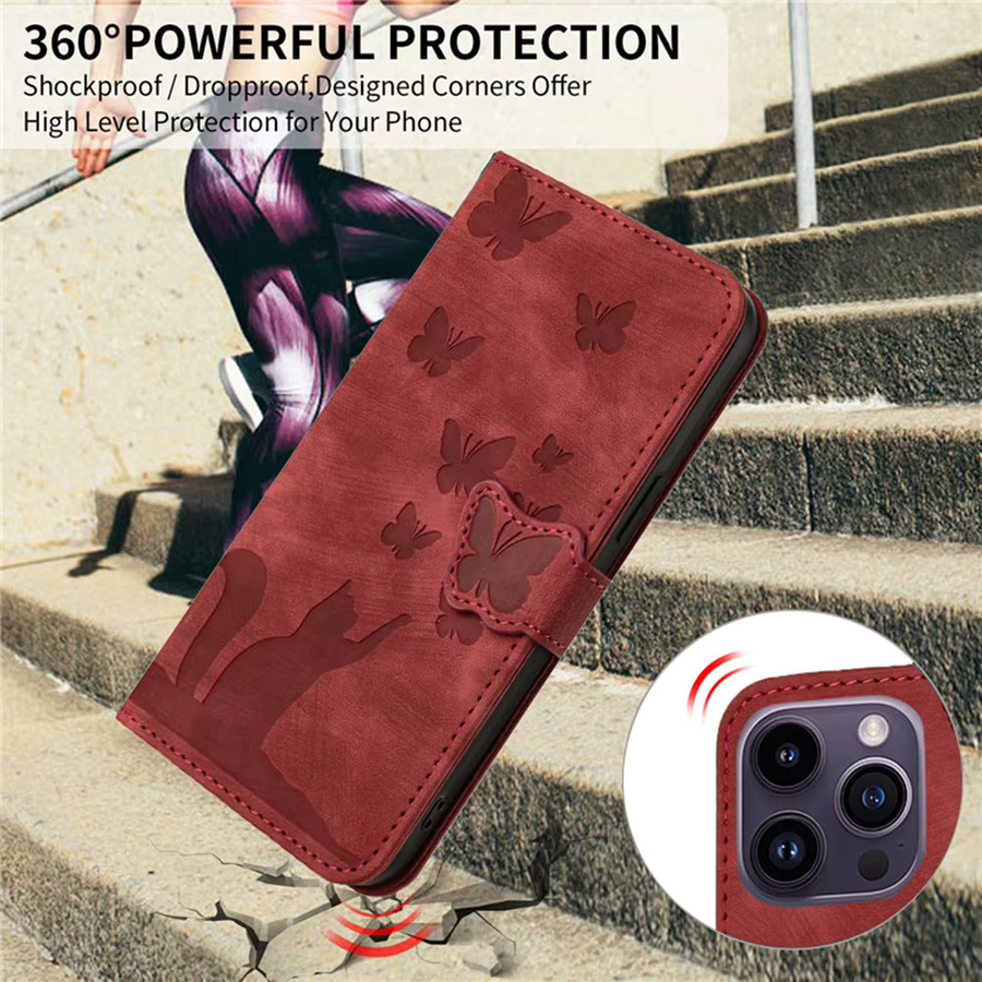 Schmetterling Katze Leder Brieftasche Handyhülle für Samsung Galaxy A56 A55 A54 A35 A36 A06 A17 A15 A34 A24 A14 A13 A23 A33 A53 A25 A05S in Rot - Bild 2