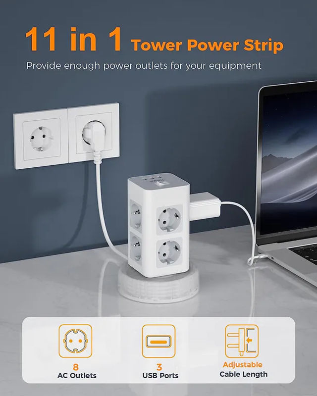 TESSAN Tower 8-Wege-Steckdosenleiste mit Überspannungsschutz, vertikale Mehrfachsteckdose in Grau mit 2 m Kabel, 8 Steckplätze, 2 USB-A und 1 USB-C Anschlüssen - Bild 2