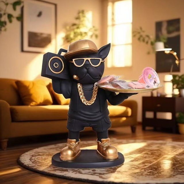 GUOFEI Bulldogge Hund Ornament aus Harz in Schwarz als kreative Ablage für Wohnzimmer und Desktop - Bild 1