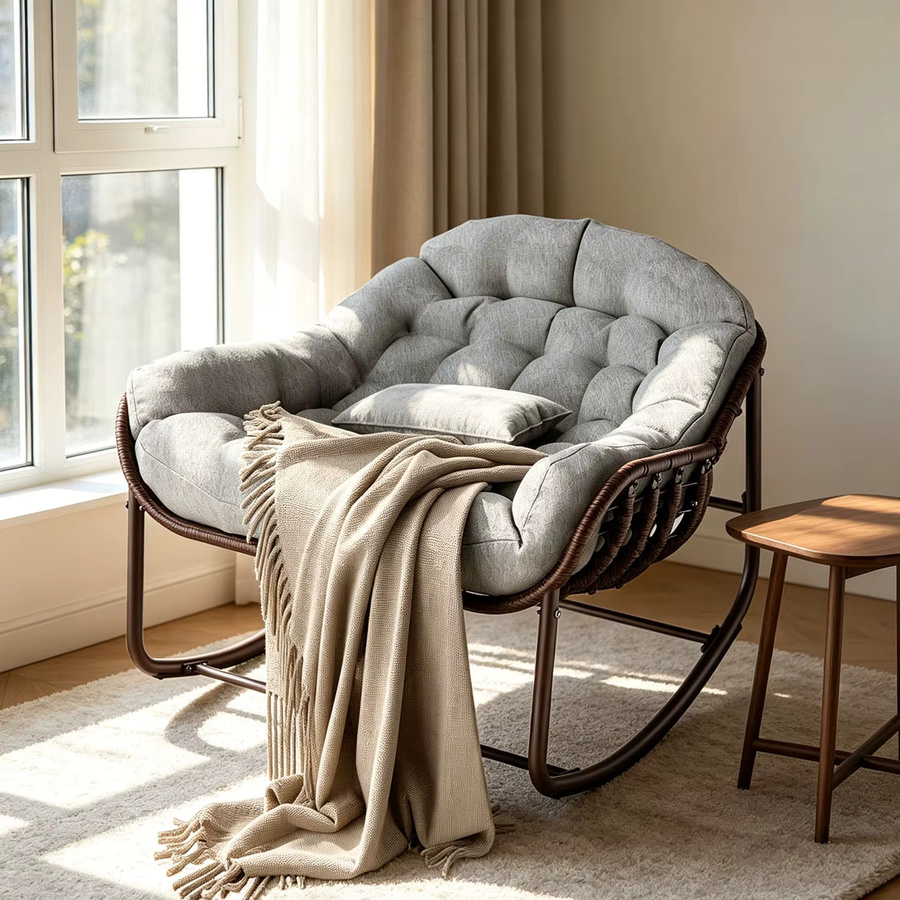 HiMISS Übergroßer Papasan Egg Schaukelstuhl aus Rattan mit Metallrahmen und Kissen in Grau - Bild 2