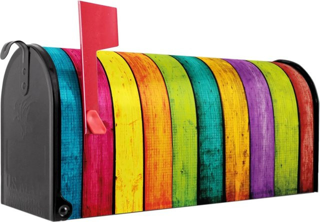 Banjado Amerikanischer Briefkasten aus Stahl in Schwarz mit buntem Holzlatten-Motiv, B/H/T: 48 x 22 x 16 cm - Bild 1