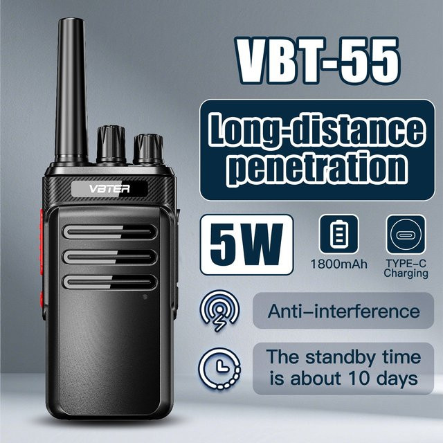 2 Stück VBTER Walkie-Talkie VBT-55 PMR446MHz in Schwarz mit großer Reichweite, VOX-Funktion, Freisprechfunktion und USB-Aufladung für Baustellen, Hotels und Outdoor-Aktivitäten - Bild 1