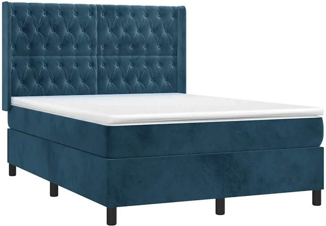 vidaXL Boxspringbett mit Matratze in Dunkelblau, Hybridbett mit LED-Unterbettbeleuchtung und USB-Anschluss, Samt, B/T: 140 x 190 cm - Bild 1