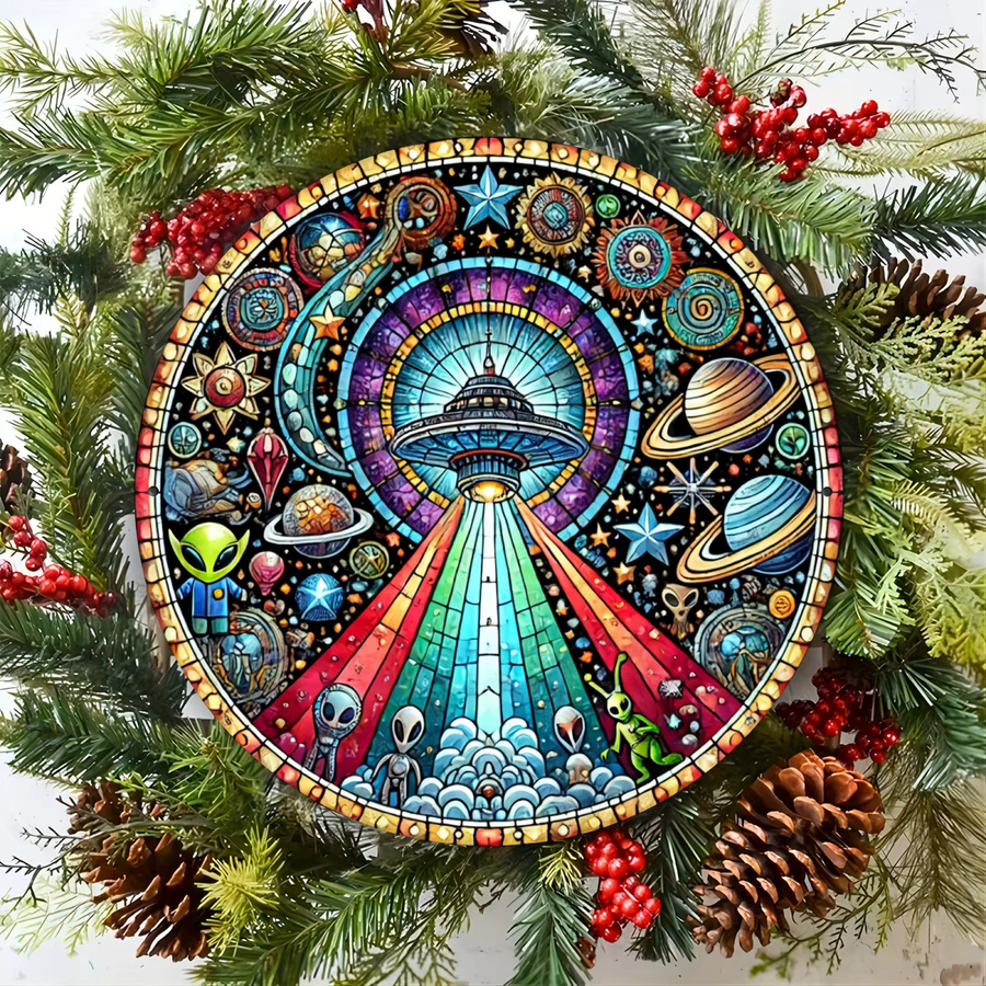 CIFBUY UFO Alien Metall-Wandkunst in bunter Glasoptik, runde Weltraum-Dekoration für dein Zuhause, Breite: 20,32 cm, Höhe: 20,32 cm - Bild 5