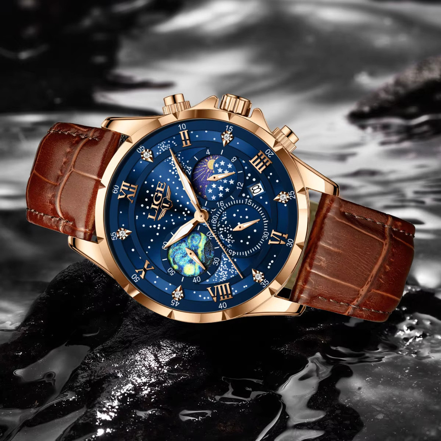Lige Armbanduhr, Chronograph, Quarz, Leder, Herren, Blau, Gold, Silber - Bild 3