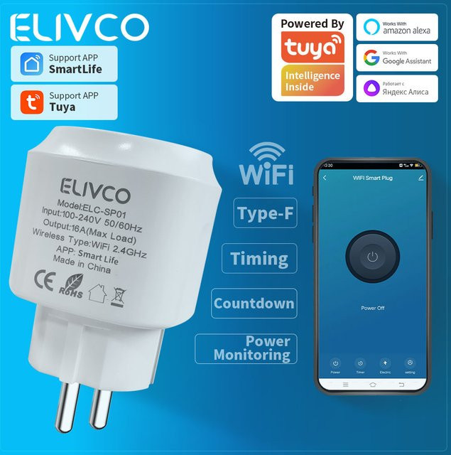 Elivco Tuya Smart Steckdose 16A WLAN-Steckdose in Weiß mit Zeitschaltuhr, Countdown und Energieüberwachung, kompatibel mit Google Assistant, Alexa, Alice und Salute - Bild 1