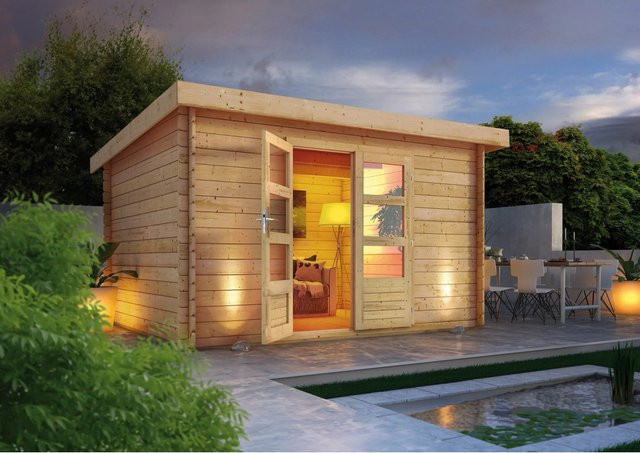 Karibu Holz-Gartenhaus in Natur mit Pultdach und Blockbohlenbauweise, B: 340 cm, T: 280 cm, H: 222 cm - Bild 1