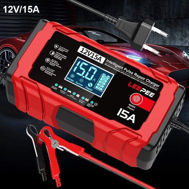 Intelligentes 12V 15A Blei-Säure Smart Batterie Ladegerät mit Puls-Reparaturfunktion für Auto und Motorrad in Rot - Bild 1
