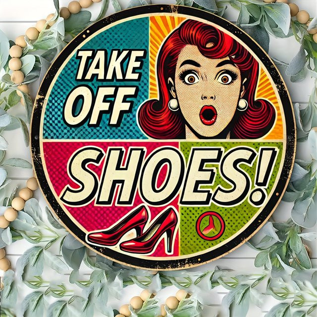 Potdemiel Vintage-Wandschild Take Off Shoes aus Metall, runde Metalldekoration in Multicolour, Durchmesser: 19,81 cm - Bild 1