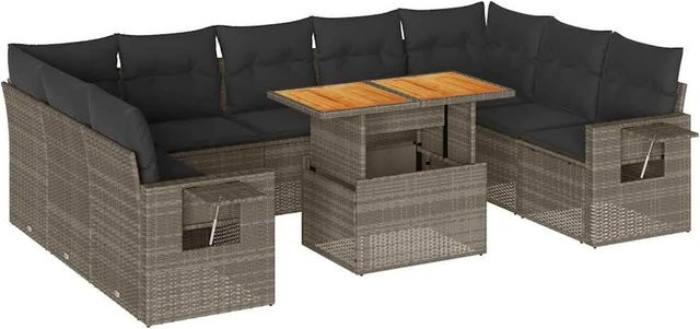 vidaXL 10-tlg. Garten-Sofagarnitur in L-Form aus Polyrattan und Akazienholz mit Kissen in Grau - Bild 1