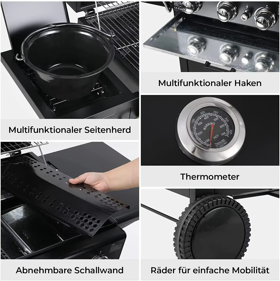 Homfa Gasgrillwagen aus Edelstahl in Schwarz mit Piezo-Zündung, Thermometer und 4 Brennern à 1000 BTU / 2,93 kW für Garten und Camping - Bild 6