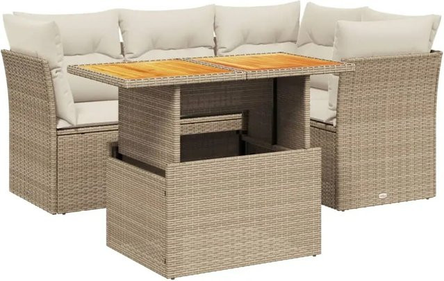 vidaXL 5-tlg. Garten-Sofagarnitur in L-Form aus Poly-Rattan und Akazienholz in Beige-Creme mit Kissen und Tisch - Bild 1