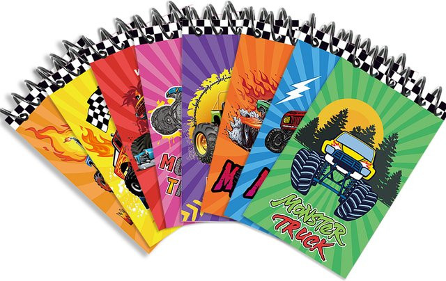 8-teiliges Monster Truck Mini-Notizbuch Set mit Spiralbindung und Taschen, bunt, blanko Seiten für Kinder - Bild 1