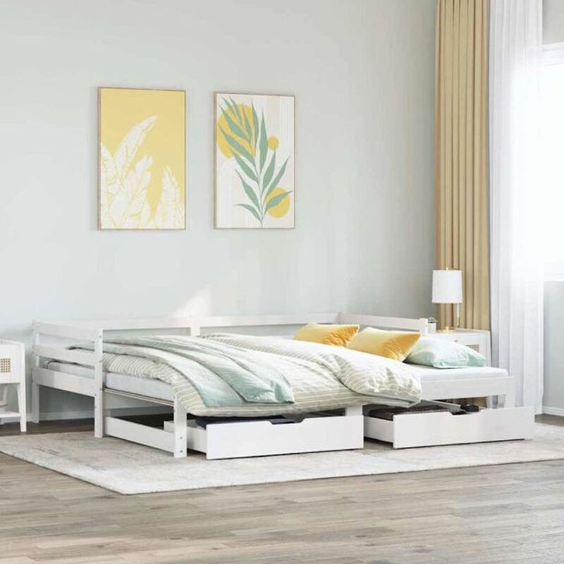Ausziehbares Tagesbett mit Schubladen von vidaxl aus Kiefer Massivholz in Weiß B/T/H: 200 x 80 x 164 cm - Bild 1