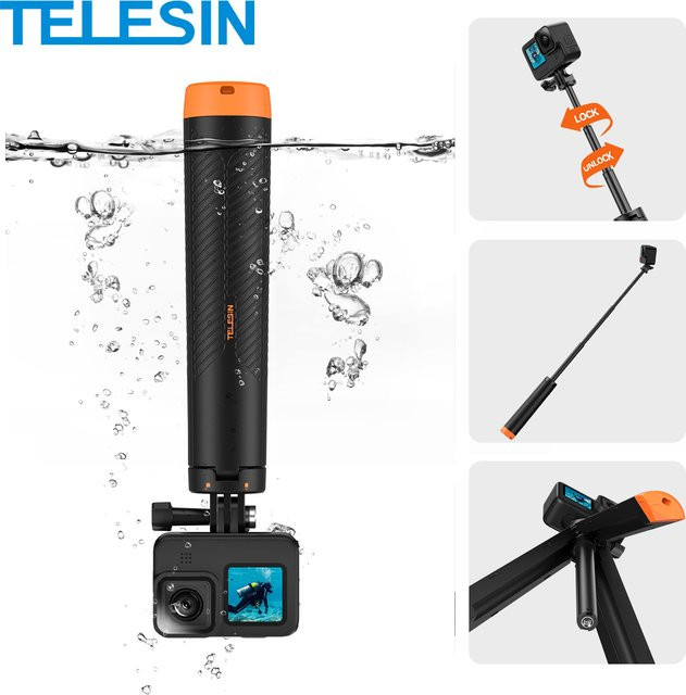 TELESIN Unterwasser Selfie Stick Stativ mit Auftrieb für GoPro, Insta360 und DJI OSMO Action Kameras, Schwarz - Bild 1